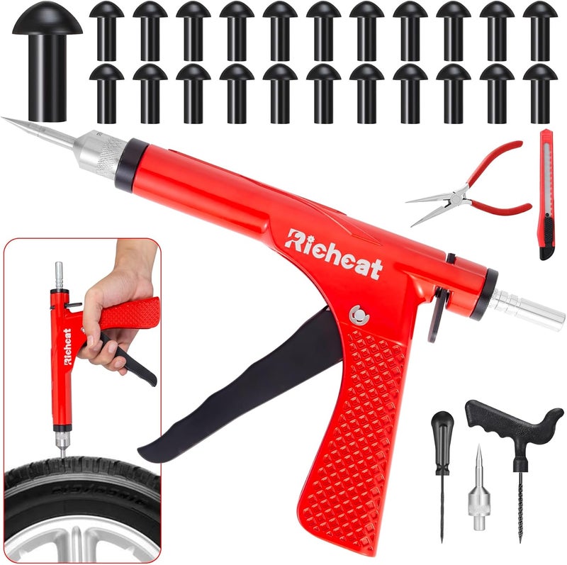 Richcat Tubeless Tire Puncture Repair Kit with Mushroom Plug, Repairs punctures and Flat Tires for Motorcycles, Cars, Trucks, ATVs,Gun Puncture Repair Kit - Image 1